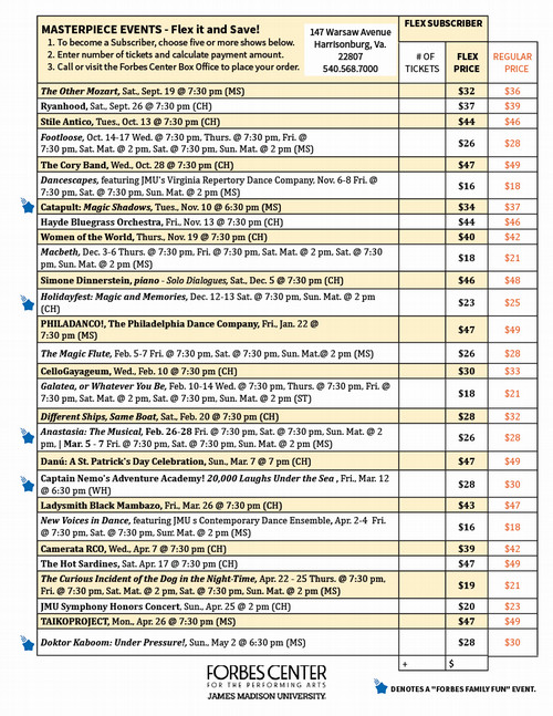 Table listing Masterpiece Events “Flex it and Save” show dates with columns for number of tickets, flex subscriber price, and regular price, plus Forbes Center box office contact information.
